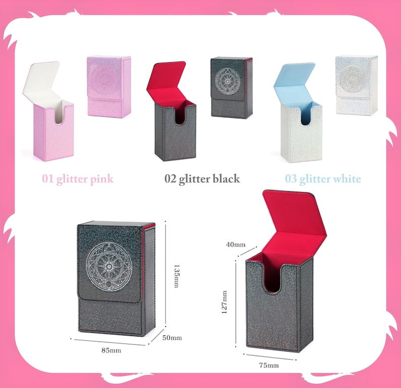 May include: Collection of glitter card storage boxes in pink, black, and white. The boxes have a flip-top design with contrasting interior colors. Dimensions are shown in millimeters: 135mm high, 85mm wide, and 50mm deep.