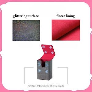 May include: A gray card holder with a glittering surface and red fleece lining. The holder has a magnetic closure and holds four pairs of 12 mm diameter N35 strong magnets. The text on the image reads: "glittering surface", "fleece lining".