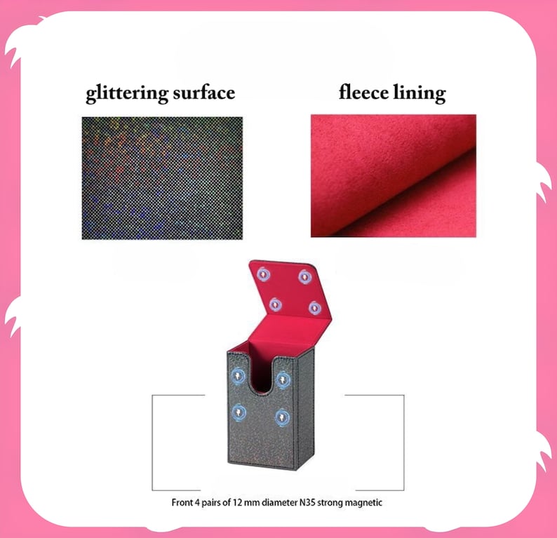 May include: A gray card holder with a glittering surface and red fleece lining. The holder has a magnetic closure and holds four pairs of 12 mm diameter N35 strong magnets. The text on the image reads: "glittering surface", "fleece lining".