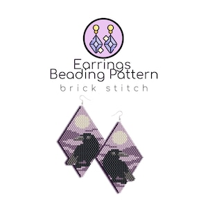 May include: A pair of beaded earrings with a purple and white design featuring two black ravens and a full moon. The earrings are made using brick stitch beading technique. The image includes the text "Earrings Beading Pattern brick stitch".