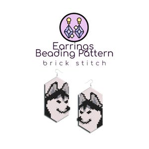 May include: A beading pattern for earrings featuring a husky dog face in brick stitch. The pattern is for a pair of earrings with a hexagonal shape.