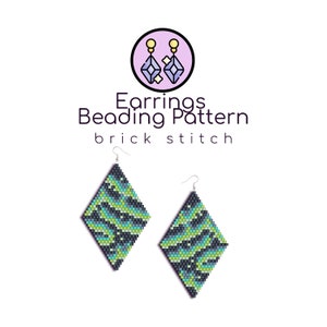 May include: A pair of diamond-shaped earrings with a black, green, and blue beaded pattern. The earrings are made with brick stitch beading and have silver ear wires. The image includes the text "Earrings Beading Pattern brick stitch".