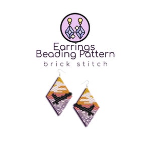 May include: A pair of beaded earrings featuring a sunset and a whale silhouette. The earrings are crafted using brick stitch and are diamond-shaped. The text "Earrings Beading Pattern brick stitch" is at the top of the image.
