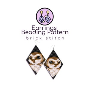 May include: A pair of owl-shaped earrings made with black, white and brown beads. The earrings are in a diamond shape and are made using the brick stitch beading technique. The earrings are hanging from silver ear wires.