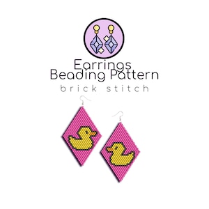 May include: A pair of pink beaded earrings with a yellow rubber ducky design. The earrings are made using the brick stitch beading technique. The earrings are shown against a white background.