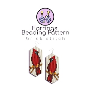 May include: A beaded earring pattern featuring a cardinal bird on a branch. The pattern is designed for brick stitch beading and includes instructions for creating a pair of earrings.