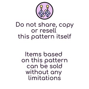 May include: A purple circle with a white outline contains a line drawing of a pair of earrings with purple gemstones and gold accents. The text below the circle reads "Do not share, copy or resell this pattern itself. Items based on this pattern can be sold without any limitations."