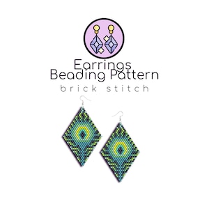 May include: A beading pattern for earrings in the shape of a diamond with a peacock eye design. The pattern is for brick stitch and uses green, blue, black, and yellow beads.