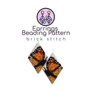 May include: A pair of beaded earrings with a butterfly design in shades of orange, black, and white. The earrings are made using brick stitch beading technique. The earrings are diamond shaped.