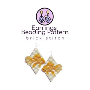 May include: A pair of gold fish bead earrings in a brick stitch pattern. The earrings are diamond shaped and feature a white background with a yellow and orange fish.