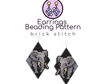 Elephant on Black Beaded Earrings Pattern | Brick Stitch Pattern with Word Chart |