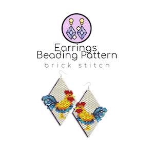 May include: A pair of beaded earrings featuring a rooster design in yellow, red, and blue colors. The earrings are made using brick stitch beading technique. The earrings are diamond shaped.
