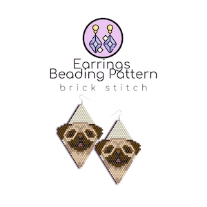 Può includere: Orecchini di perline a forma di diamante con un disegno di carlino. Gli orecchini sono nei toni del marrone, beige e bianco, con un motivo a punto mattone. L'immagine include anche il testo "Earrings Beading Pattern brick stitch".