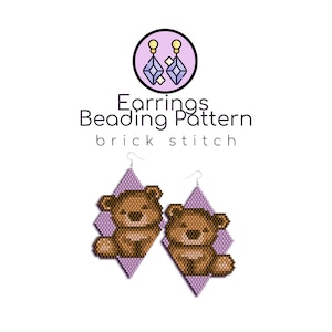 May include: A pair of beaded earrings with a brown bear design. The earrings are made with seed beads and are in a brick stitch pattern. The earrings are a light purple color.