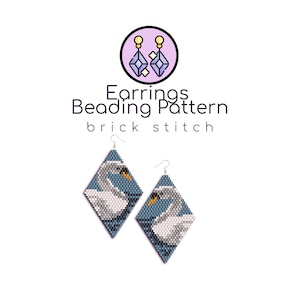 May include: A pair of diamond-shaped earrings with a beaded swan design in white, blue, and gray. The earrings are made using brick stitch beading. The image includes the text "Earrings Beading Pattern brick stitch".