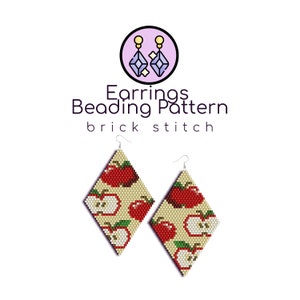 May include: A pair of beaded earrings with a diamond shape and an apple pattern. The earrings are made with beige, red, green, and white beads. The earrings are labeled "Earrings Beading Pattern brick stitch".