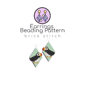 May include: A pair of beaded earrings featuring a puffin design in black, white, orange, and yellow beads on a light green background. The earrings are diamond shaped and use brick stitch beading.