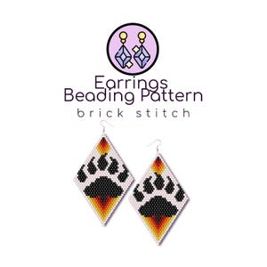 May include: A pair of diamond-shaped beaded earrings featuring a black bear paw print design with orange, yellow, and white accents. The text reads Earrings Beading Pattern brick stitch, accompanied by a circular icon of two dangling earrings.