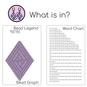 May include: A bead graph chart with a purple and gray diamond pattern. The chart is labeled "Bead Graph" and includes a "Bead Legend" with two squares labeled "Chart A" and "Chart B". The chart also includes a "Word Chart" with a list of rows and beads.