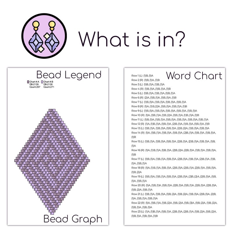 May include: A bead graph chart with a purple and gray diamond pattern. The chart is labeled "Bead Graph" and includes a "Bead Legend" with two squares labeled "Chart A" and "Chart B". The chart also includes a "Word Chart" with a list of rows and beads.