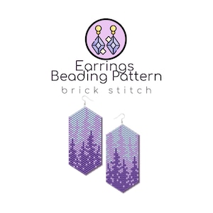 May include: A pair of beaded earrings with a forest design in shades of purple and blue. The earrings are hexagonal and feature a brick stitch pattern. The image also includes the text "Earrings Beading Pattern brick stitch".