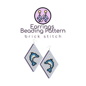 May include: A pair of beaded earrings with a dolphin design in blue, white, and light purple. The earrings are made using the brick stitch beading technique. The earrings are shown against a white background.