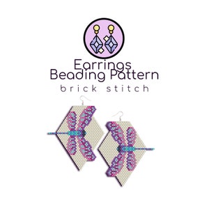 May include: A beaded earring pattern featuring a dragonfly design in shades of purple, blue, and white. The pattern is for brick stitch beading and includes instructions for creating a pair of earrings.