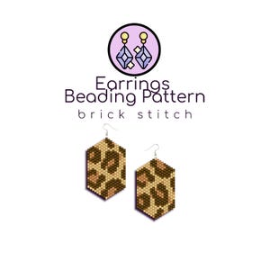 May include: A pair of hexagonal earrings with a leopard print beading pattern. The earrings are made with brown, tan, and black beads and are designed in a brick stitch pattern.