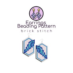May include: A beading pattern for earrings featuring a blue and white feather design. The pattern is for brick stitch and includes a diagram of the earrings.