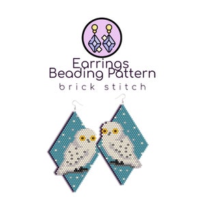 May include: A pair of beaded earrings featuring a snowy owl design in white, yellow, and black beads on a blue background. The earrings are made using brick stitch beading technique. The image includes the text "Earrings Beading Pattern brick stitch".