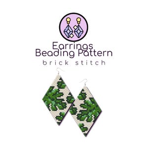 May include: A pair of green and white diamond-shaped earrings with a leafy pattern. The earrings are made with beads and are designed to be made using the brick stitch beading technique. The image includes the text "Earrings Beading Pattern brick stitch".