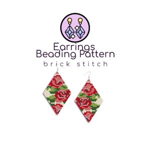 May include: A pair of diamond-shaped earrings with a floral pattern beaded in brick stitch. The earrings are red, green, and white.