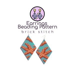 May include: A pair of beaded earrings with a diamond shape and a starfish design. The earrings are made with turquoise and orange beads and are strung on silver wire.