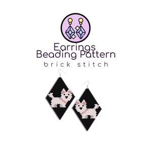 May include: A beading pattern for earrings featuring a white dog on a black background. The pattern is for brick stitch and includes a diagram of the earrings.