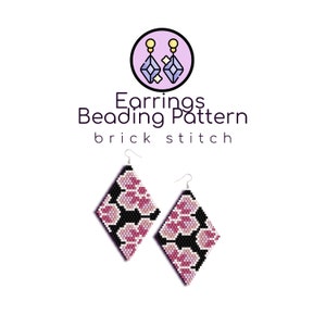 May include: A pair of black and pink beaded earrings with a diamond shape. The earrings are made with a brick stitch pattern. The earrings are shown against a white background.