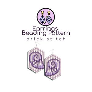 May include: A beading pattern for earrings in a brick stitch. The pattern features a purple and white swirl design. The earrings are hexagonal in shape.