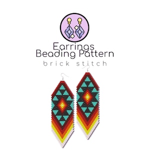 May include: A pair of beaded earrings in a brick stitch pattern. The earrings feature a geometric design with turquoise, red, yellow, and black beads. The image includes the text "Earrings Beading Pattern brick stitch."