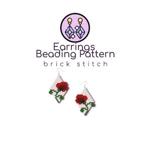 May include: A pair of diamond-shaped beaded earrings featuring a red poppy flower design with green stems on a white background. The text Earrings Beading Pattern brick stitch is displayed above the earrings with a circular icon of earrings.