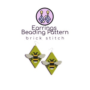 May include: A pair of green and white beaded earrings with a bee design. The earrings are shaped like a diamond and are made using the brick stitch beading technique. The earrings are labeled "Earrings Beading Pattern brick stitch".