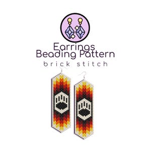 May include: A beaded earring pattern featuring a bear paw print design in black, white, orange, and yellow. The pattern is called "brick stitch" and is for earrings.