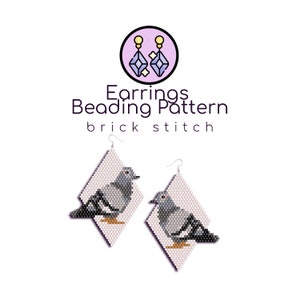 May include: A beaded earring pattern featuring a dove in brick stitch. The pattern is for a pair of earrings, each with a dove facing the opposite direction. The earrings are white with gray and brown details.