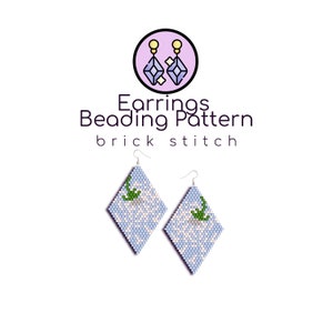 May include: A pair of light blue and white beaded earrings with green accents. The earrings are shaped like diamonds and are made using a brick stitch beading pattern. The image includes the text "Earrings Beading Pattern brick stitch".