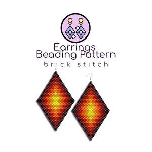 May include: A pair of diamond-shaped earrings with a brick stitch beading pattern. The earrings are made with red, orange, and yellow beads, and have a black outline. The earrings are hanging from silver ear wires.