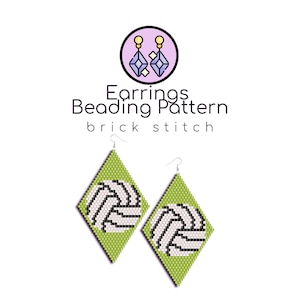 May include: Green and white beaded earrings with a volleyball design. The earrings are made with brick stitch beading and have silver ear wires. "Earrings Beading Pattern brick stitch" is written in the image.