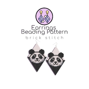 May include: A pair of black and white panda bear earrings made with seed beads. The earrings are in a diamond shape and are made using the brick stitch beading technique. The earrings are hanging from silver ear wires.