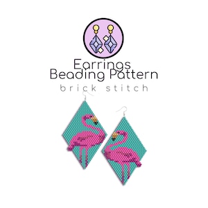May include: A pair of pink flamingo earrings with turquoise background. The earrings are made with beads and are in a brick stitch pattern. The earrings are diamond shaped.