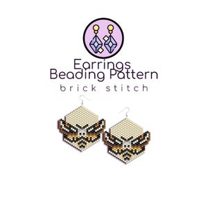 May include: A pair of beaded earrings with a butterfly design in brown, black, and white beads. The earrings are made using a brick stitch pattern and are hanging from silver ear wires. The image includes the text "Earrings Beading Pattern brick stitch".