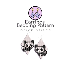 May include: A beading pattern for earrings featuring a panda bear design. The pattern is for brick stitch and is shown in black and white beads on a white background.