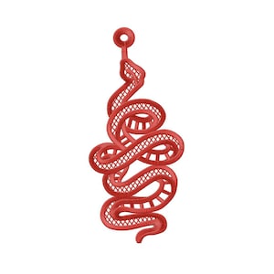May include: A red snake-shaped earring with a lattice design. The earring is made of metal and has a hook closure.