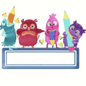 Motif broderie petits monstres mangeurs de crayons, étiquette d'école en appliqué, fichier avec tuto en téléchargement immédiat